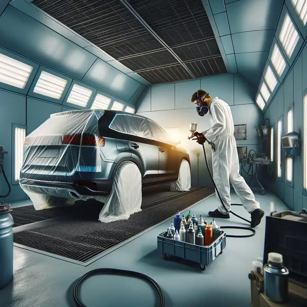 DALL·E 2024 03 05 16.38.49 A professional car painter in a spray booth meticulously applying paint to a vehicle. The scene is set in a well lit modern spray booth that is equi