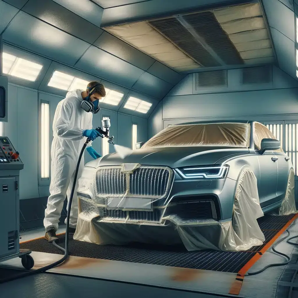 DALL·E 2024 03 05 16.39.54 A professional car painter in a spray booth meticulously applying paint to a luxury sedan resembling a generic high end vehicle without specific bra