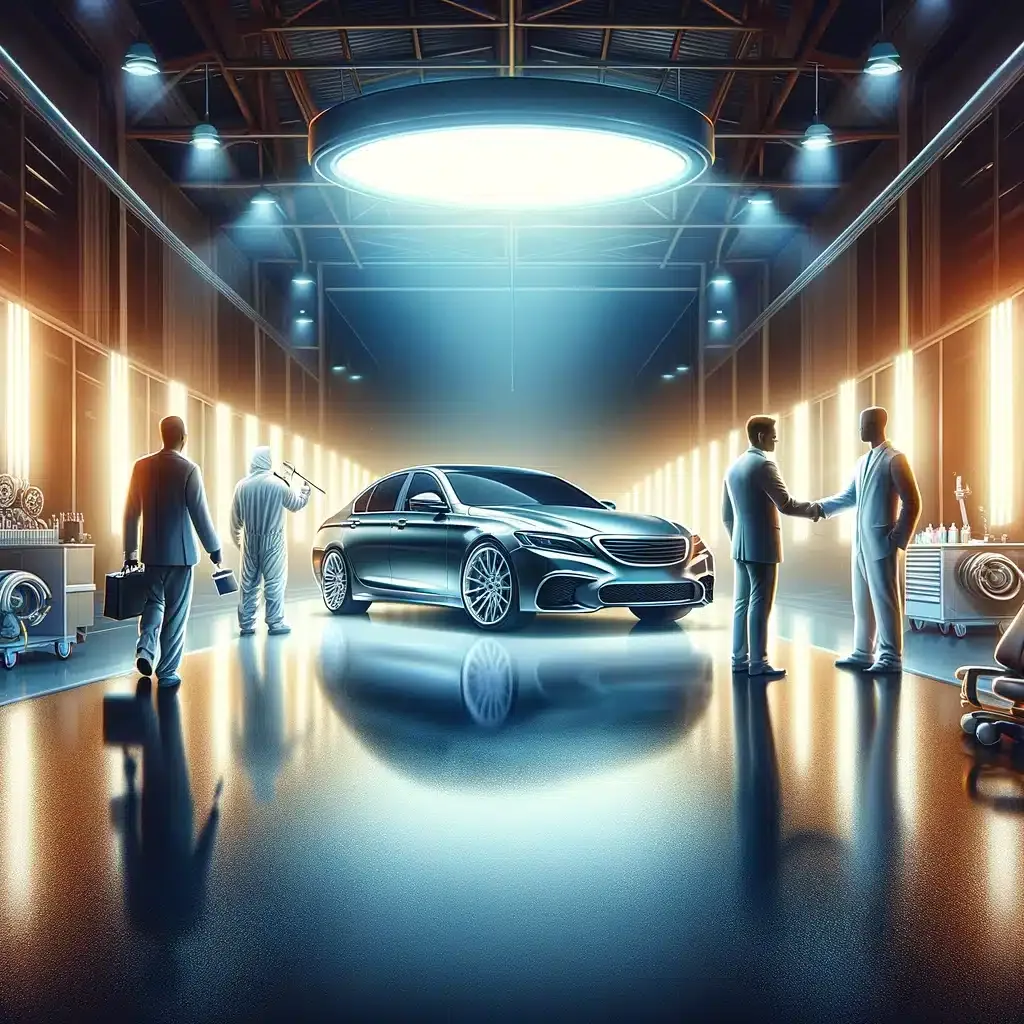 DALL·E 2024 03 05 16.42.10 A majestic image symbolizing the conclusion of a professional car painting portfolio. The scene captures a sleek freshly painted car gleaming under t